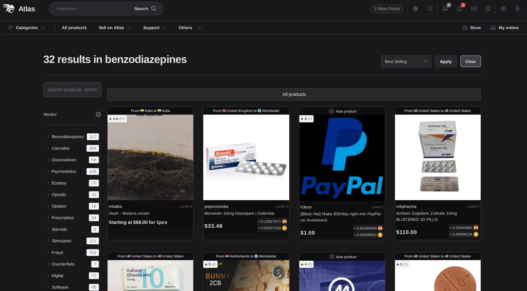 Screenshot of the Atlas Market interface showing various product categories and security features